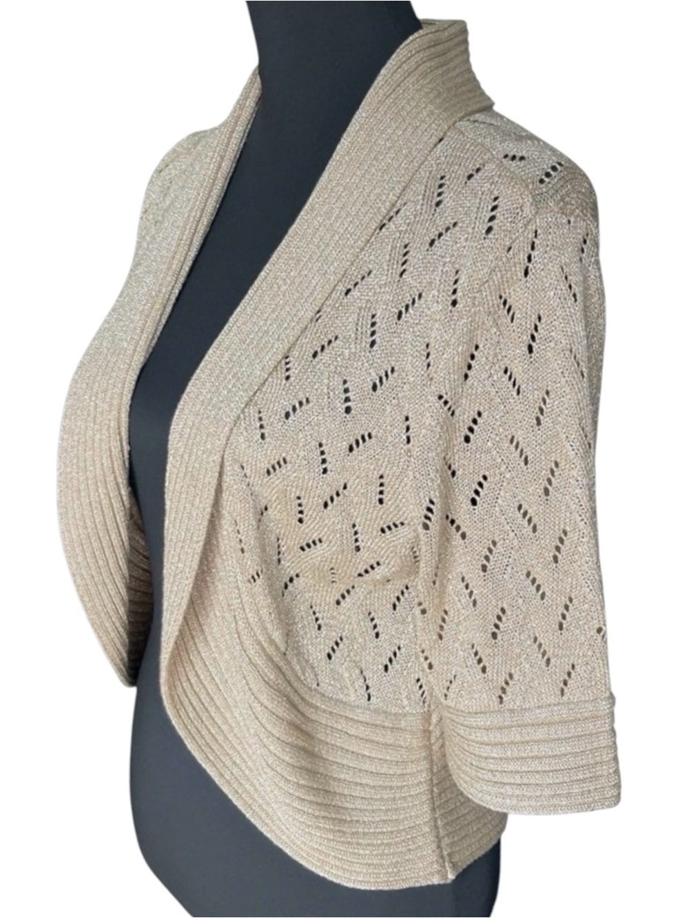 Nygard Collection Gold Metallic Short Sleeve Shawl Collar Crop Cardigan (M)